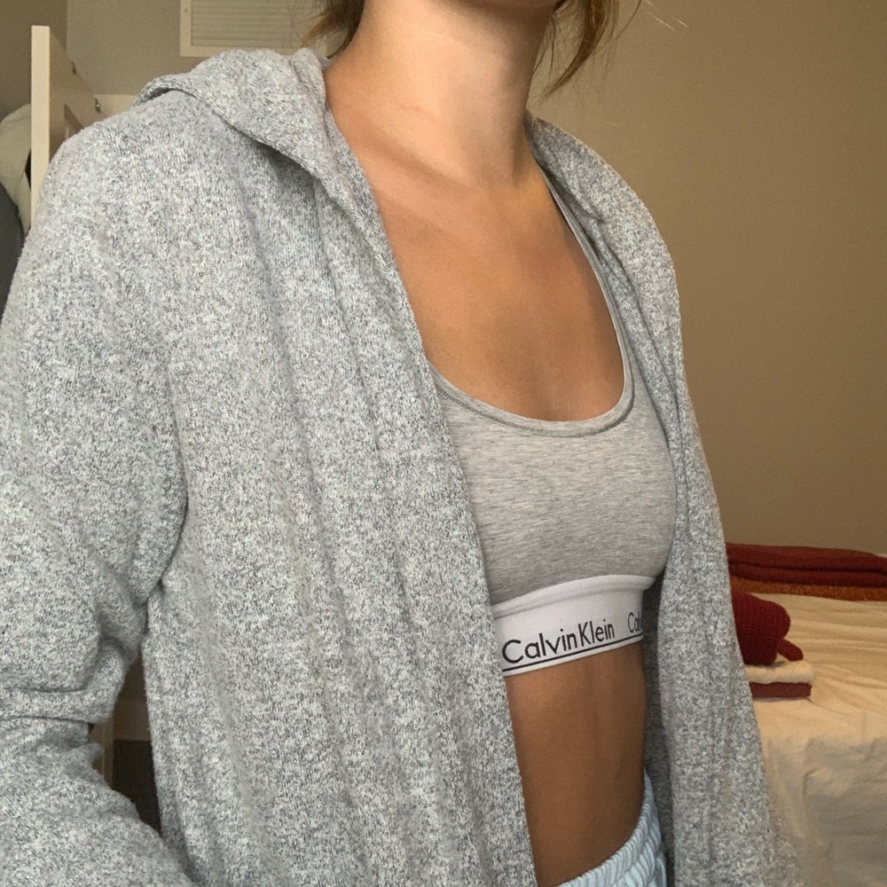 Gray soft cardigan with hood